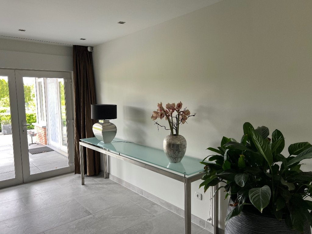 Mooie glazen sidetable met RVS onderstel – 250 cm lang, Ophalen, Modern stijlvol, 200 cm of meer, Zo goed als nieuw