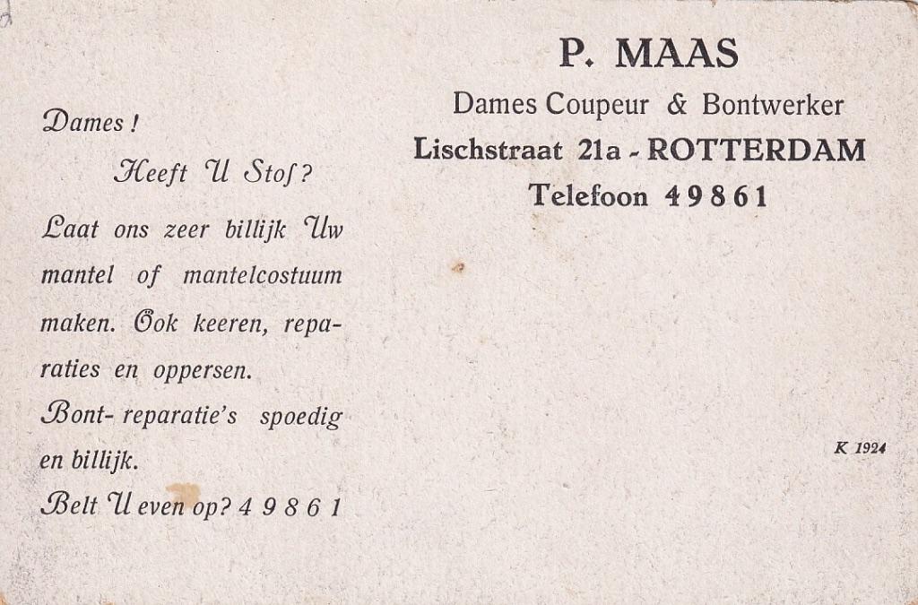 722Q Rotterdam reclame Lischstraat damescouper P. Maas, Ophalen of Verzenden, 1920 tot 1940, Ongelopen, Zuid-Holland