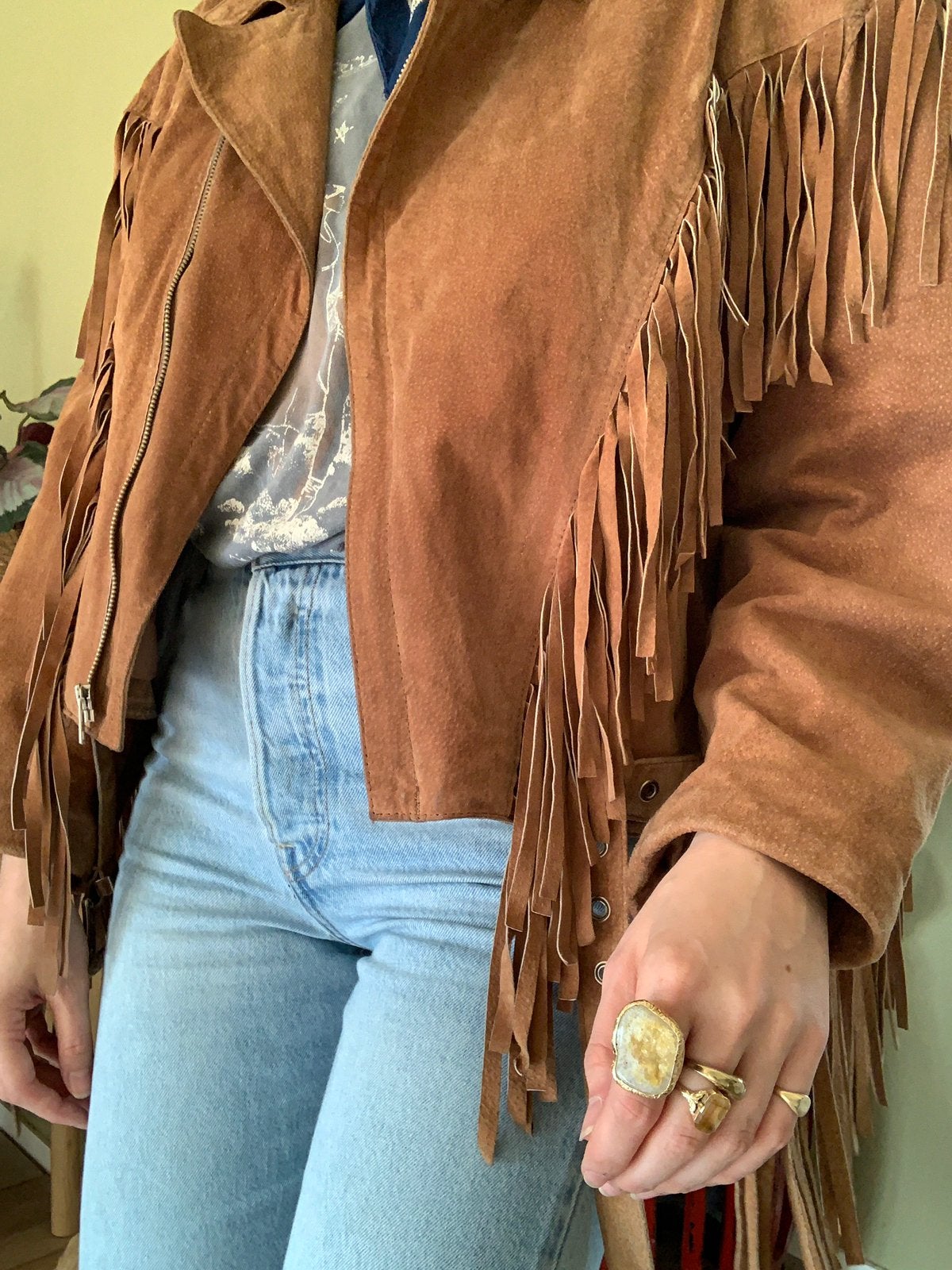 Vintage fringe jacket M bohemian leren jas bomberjack, Maat 38/40 (M), -, Ophalen of Verzenden, Zo goed als nieuw