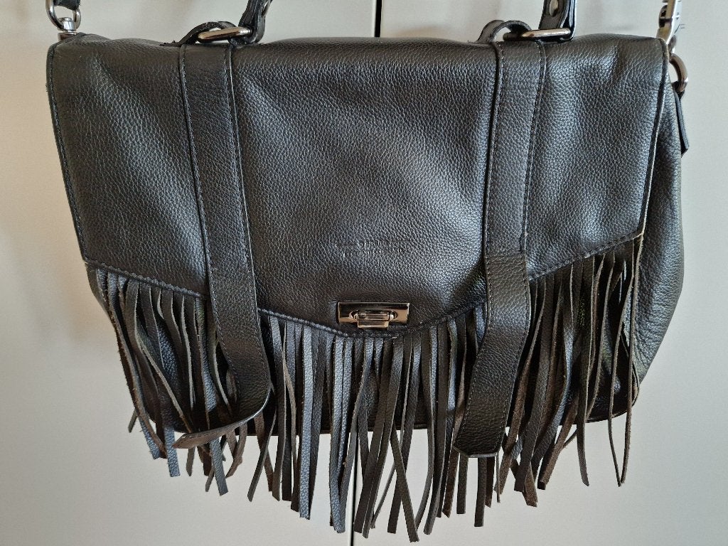 Zwarte leren messenger bag met franjes van Sacha, Overige merken, Gebruikt, Zwart, Ophalen of Verzenden