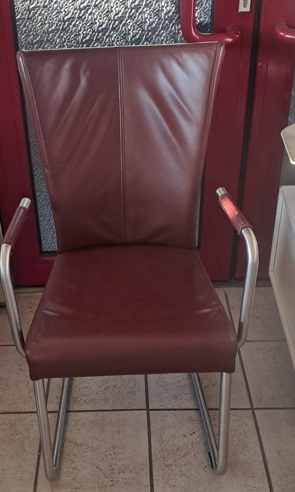 Set van 6 HVS eetkamerstoelen - bordeauxrood leer & RVS, Huis en Inrichting, Stoelen, Ophalen, Zo goed als nieuw, Modern, Vijf, Zes of meer stoelen