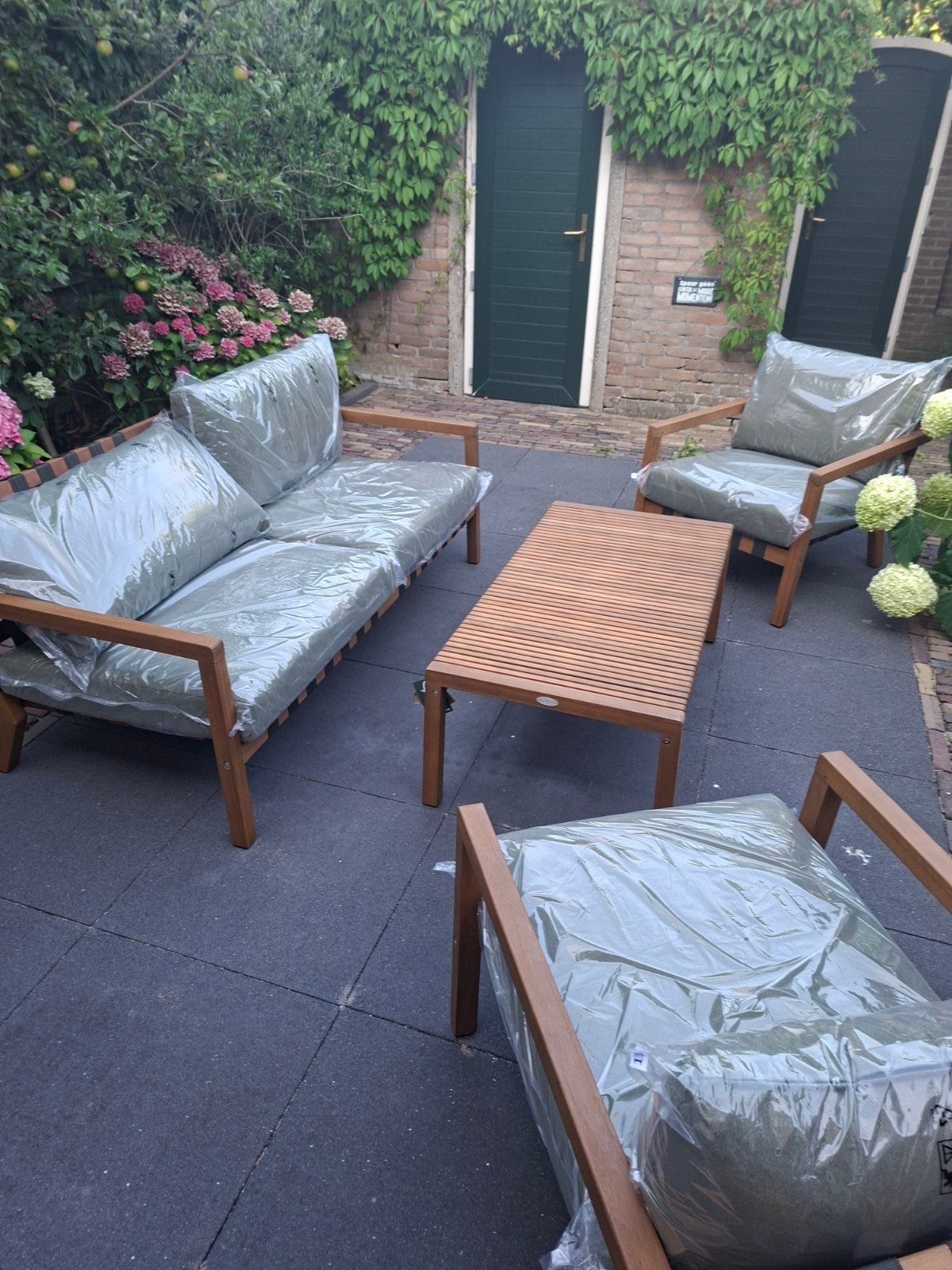 Ongebruikte Teakhouten Tuinset - Complete Set of Losse Bank, Tuin en Terras, Ophalen, 4 zitplaatsen, Bank, Teakhout