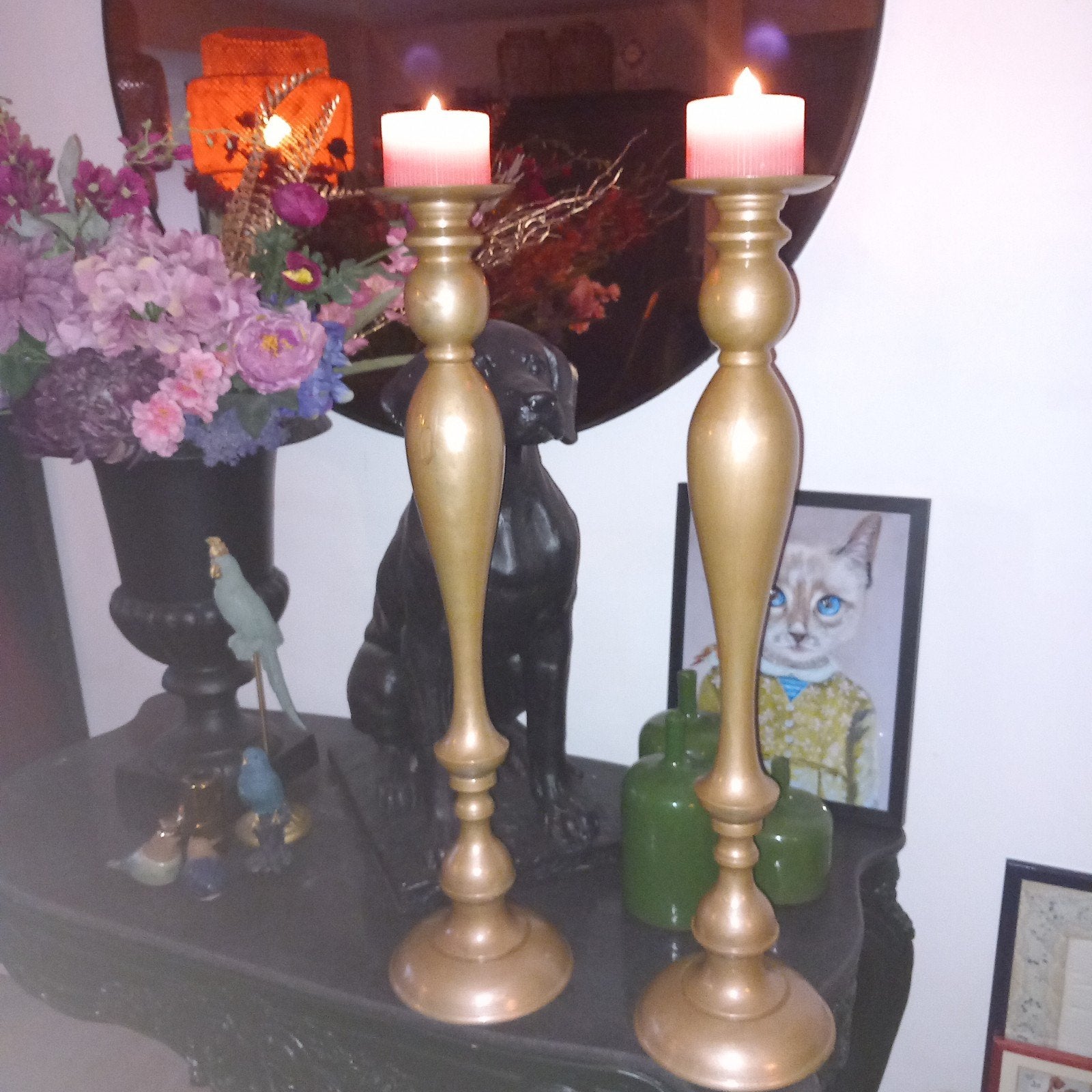 2 Hoge Gerestylede Kaarsenstandaards - Brons Oud Goud, Ophalen of Verzenden, Koper of Brons