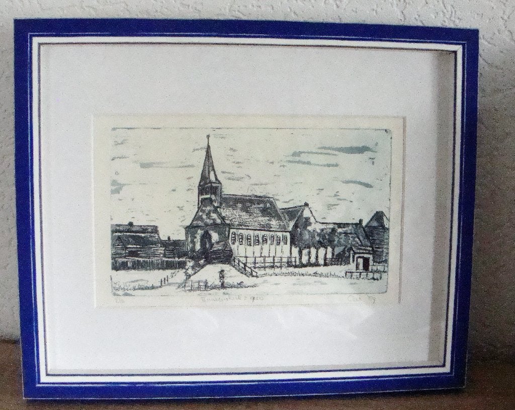 Andijk , buurtjeskerk mooie ets / nieuw ingelijst, Architectuur, Ophalen of Verzenden, Gesigneerd, 16 cm