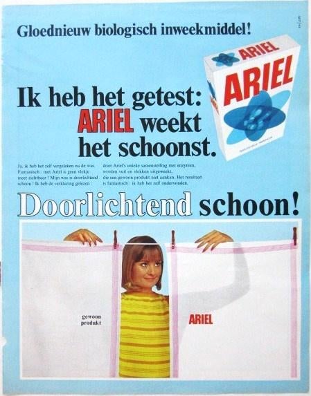 4 vintage advertenties reclames Ariel wasmiddel uit 1969, Ophalen of Verzenden, Gebruikt, Overige typen