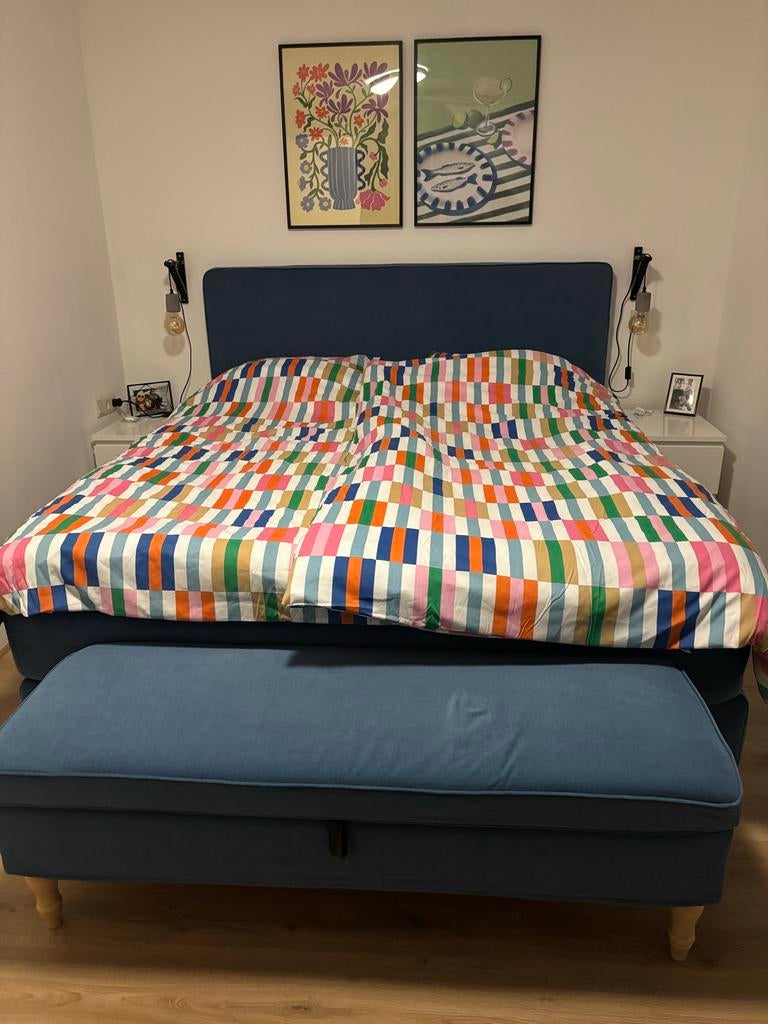 IKEA Dunvik boxspring 180x200 (zonder matras), Ophalen, Gebruikt, Blauw, Tweepersoons