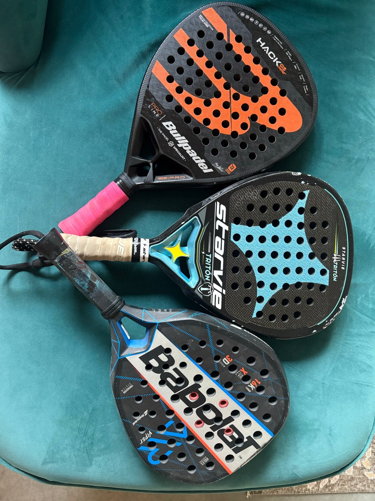Set van 3 Padel Rackets: Bullpadel, Starvie, Babolat, Ophalen of Verzenden, Gebruikt, Padelracket