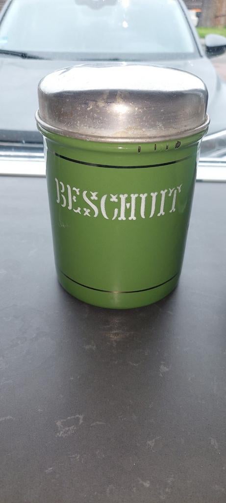 Emaille Beschuitbus met BK letters  - 16,5 cm Hoog, Antiek en Kunst, Ophalen of Verzenden