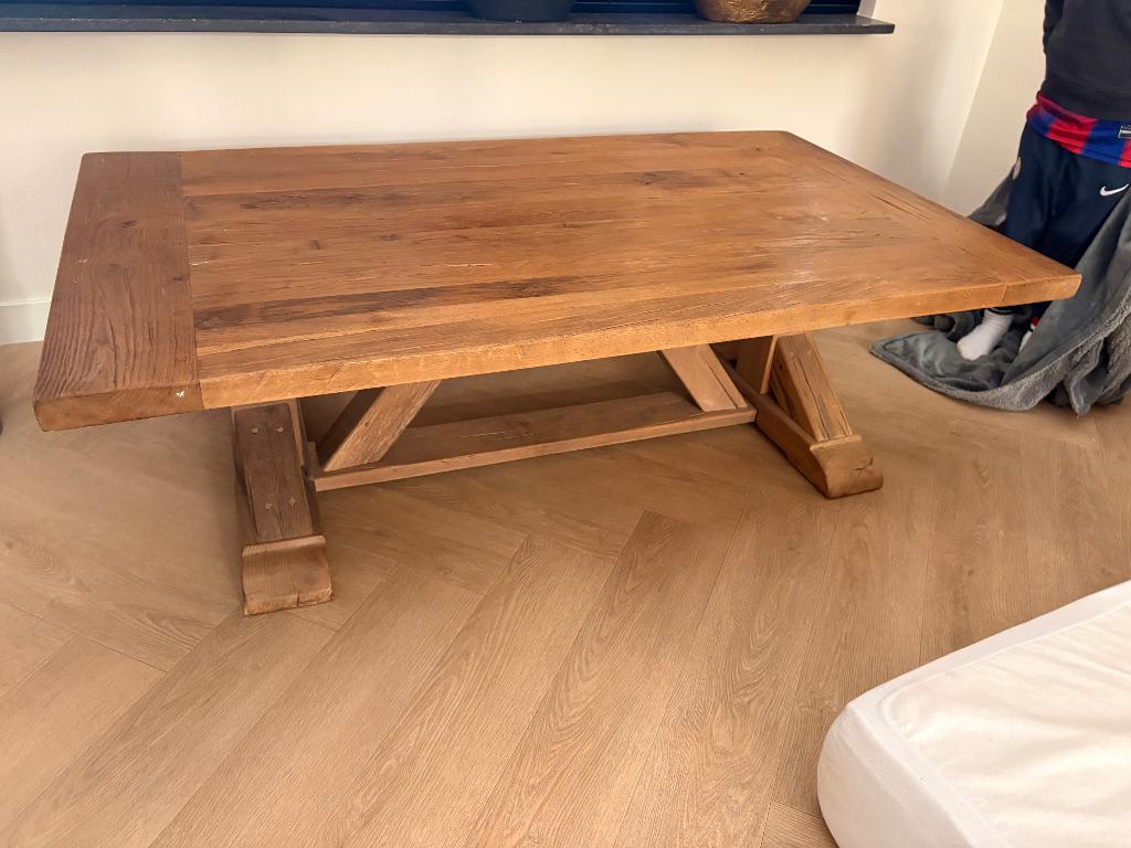 Robuuste kloostertafel 200x100cm + zelfde salontafel 140x80, Ophalen, 50 tot 100 cm, Zo goed als nieuw, 150 tot 200 cm