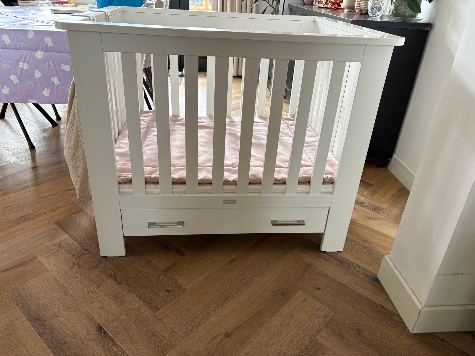 Witte box met lade inclusief matras, Ophalen, Zo goed als nieuw, Rechthoekig, In hoogte verstelbaar