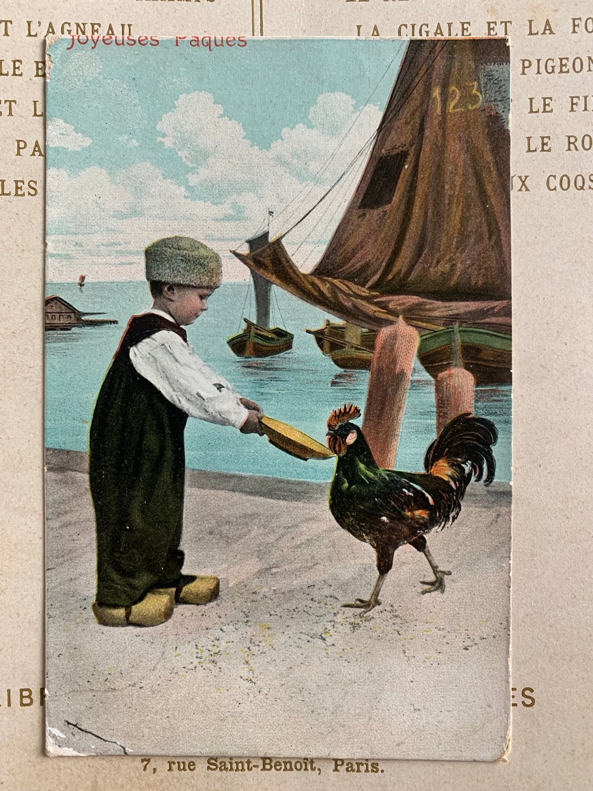 1907 Joyeuses Pâques - visserskind voert haan, Ophalen of Verzenden, Voor 1920, Gelopen, Feest(dag)
