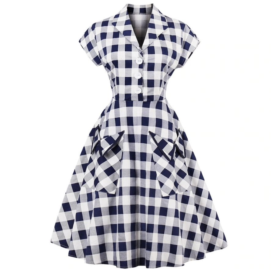 Blauw wit geruite rockabilly jurk vintage dames vrouwen, Verzenden, Nieuw, Overige kleuren, Knielengte