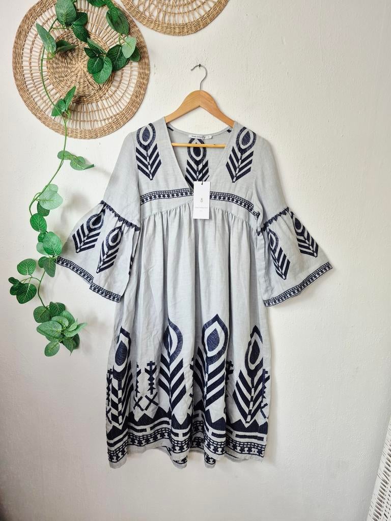 Linnen geborduurde nieuwe Greek Archaic Kori jurk XS-M, Kleding | Dames, Nieuw, Maat 36 (S), Onder de knie, Greek Archaic Kori