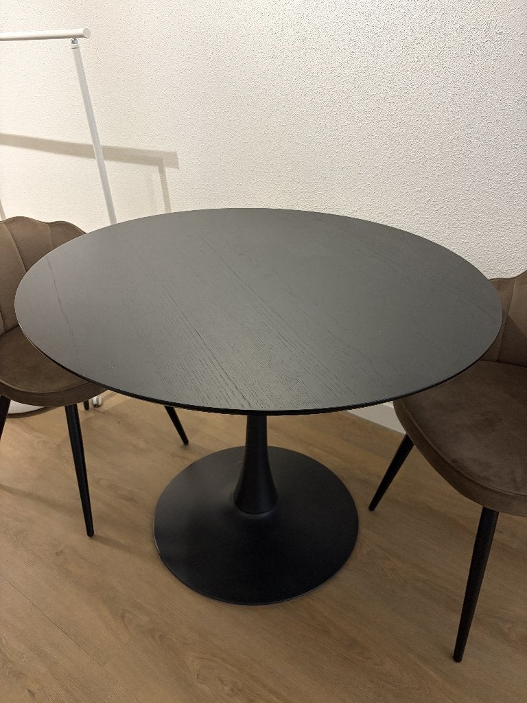 SET zwarte ronde eettafel met 2 eet kamer stoelen TWV 339,-, Ophalen, Tot twee personen, Zo goed als nieuw, 100 tot 150 cm