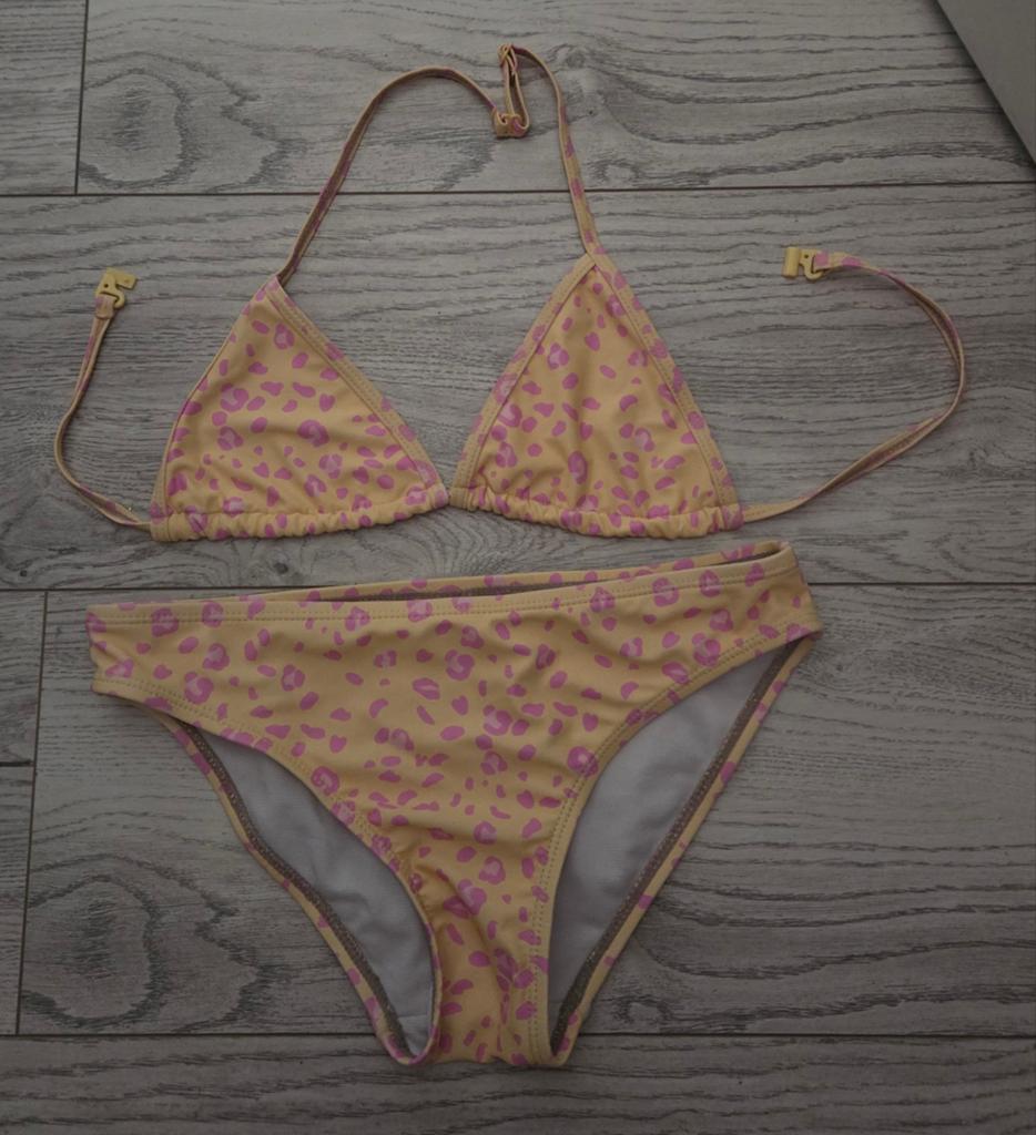 Hema.? Roze Geel Panterprint Bikini Meisjes Maat 140/146, Gebruikt, Bikiniset, Meisje, Ophalen of Verzenden