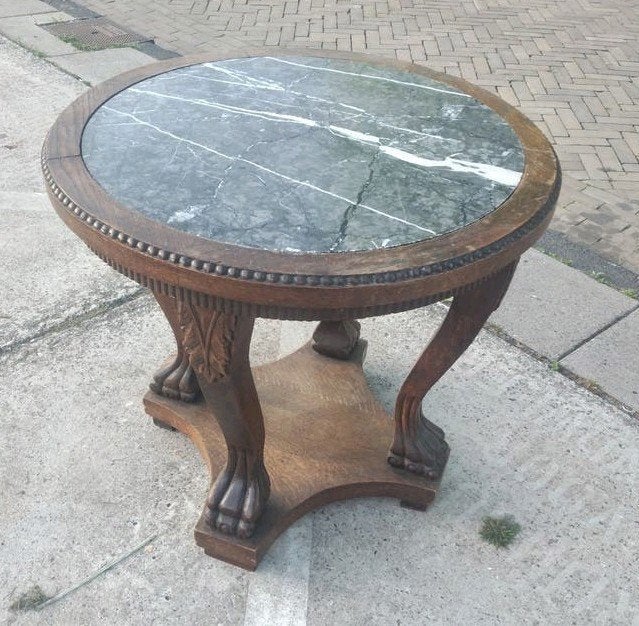 Antieke ronde bijzettafel met groen marmeren blad, Ophalen of Verzenden