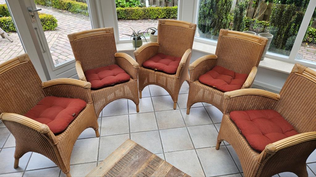 5 HVA Furniture Loom rotan stoelen met kussens, Gebruikt, Bruin, Landelijk, Tropisch, Riet of Rotan