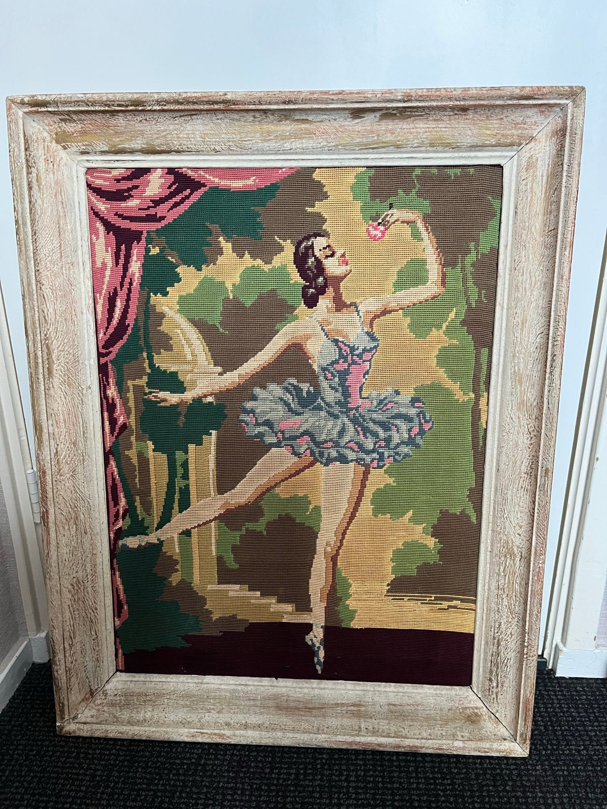 Geborduurd schilderij ballerina 78x61 cm, Ophalen, Gebruikt, Schilderij, 75 – 100