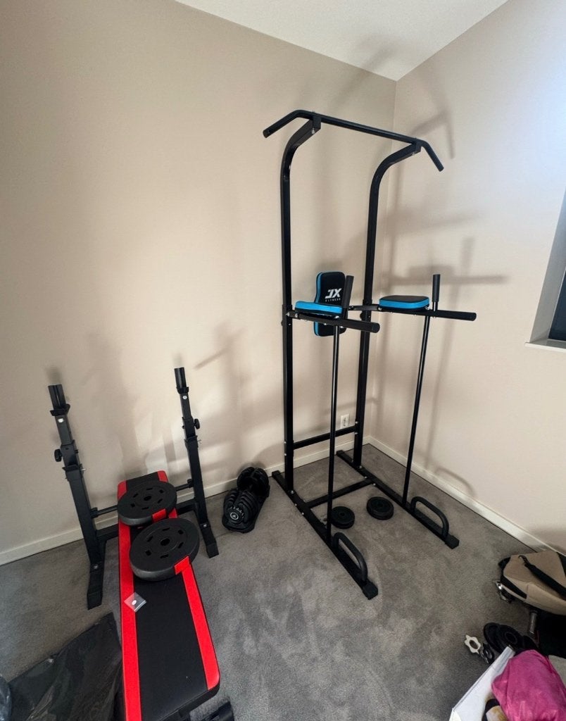 Complete fitness set: fitnessbank incl stang + optrekstation, Ophalen, Krachtstation, Zo goed als nieuw, Metaal