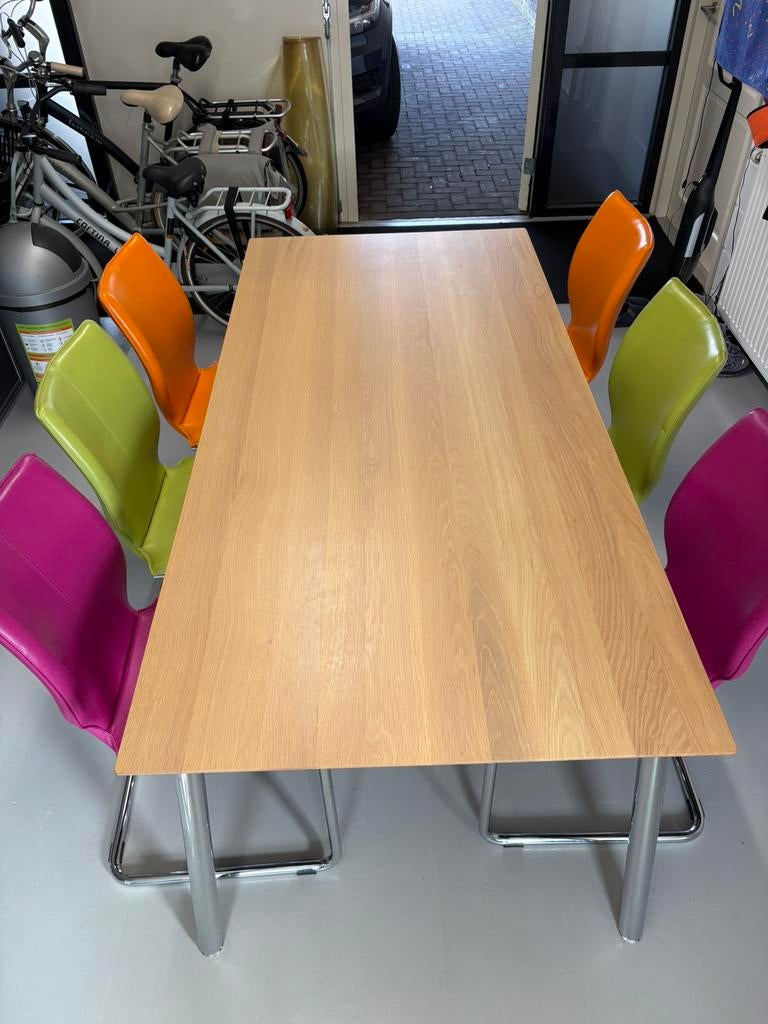 Mooie lichteiken houten tafel 200x95 cm.Compleet met stoelen, Ophalen, 200 cm of meer, 50 tot 100 cm, Zo goed als nieuw