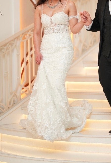 Elegante Zeemeermin Trouwjurk met Kant en Sleep, Ophalen of Verzenden, Zo goed als nieuw, Wit, Trouwjurk