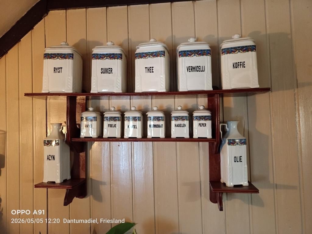 Vintage Keukenset: Voorraadpotten en Olie/Azijnflessen, Ophalen, Zo goed als nieuw, Porselein