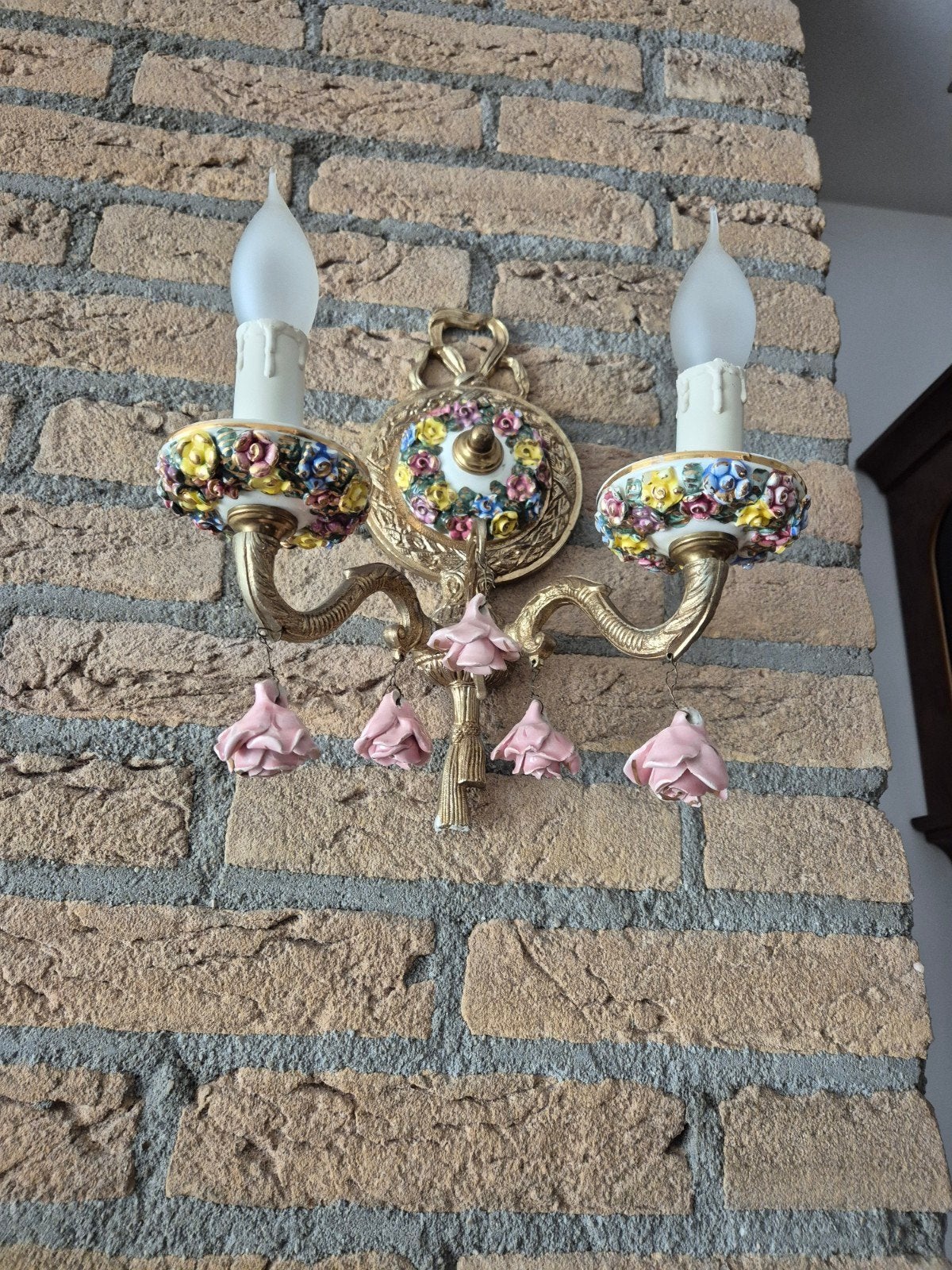 Vintage Wandlamp met Porseleinen Bloemen, Ophalen