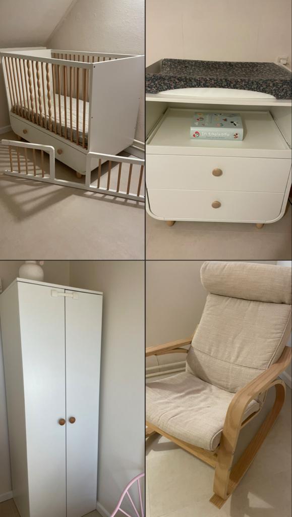Complete Babykamer Uitzet: Ledikant, Commode, Kast, Schommel, Ophalen, Zo goed als nieuw