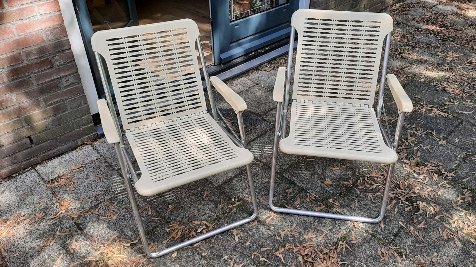 2x Vintage tuinstoelen klapstoelen Metaal Kunststof, Ophalen, Gebruikt, Kunststof, Inklapbaar
