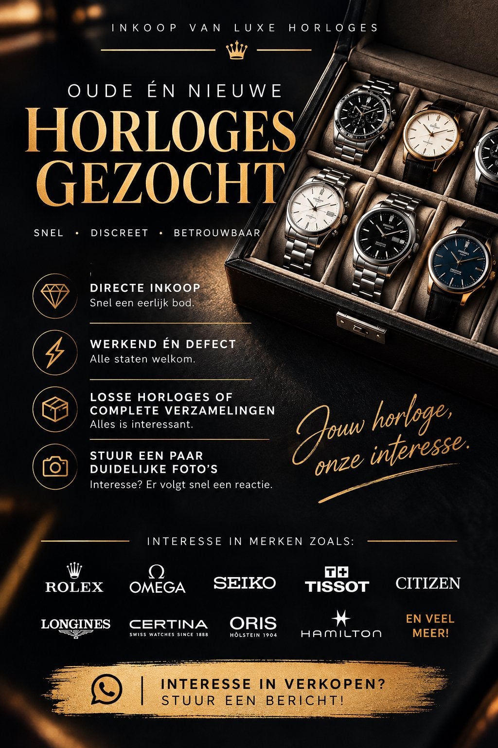 GEZOCHT: VINTAGE HORLOGES | DIRECTE INKOOP, Ophalen of Verzenden, Staal, Overige merken, 1960 of later