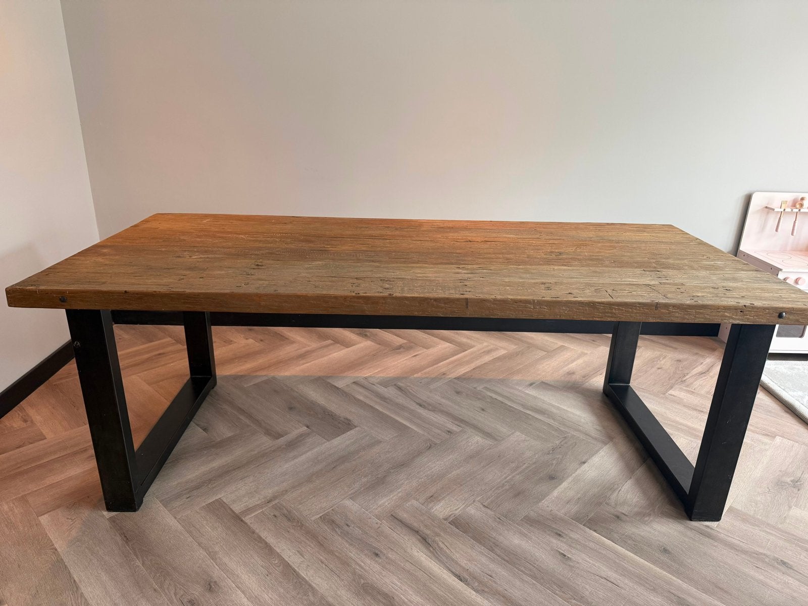 Eettafel 220x100cm robuust industrieel teak barnwood, Huis en Inrichting, Tafels | Eettafels, Ophalen, Gebruikt, 50 tot 100 cm