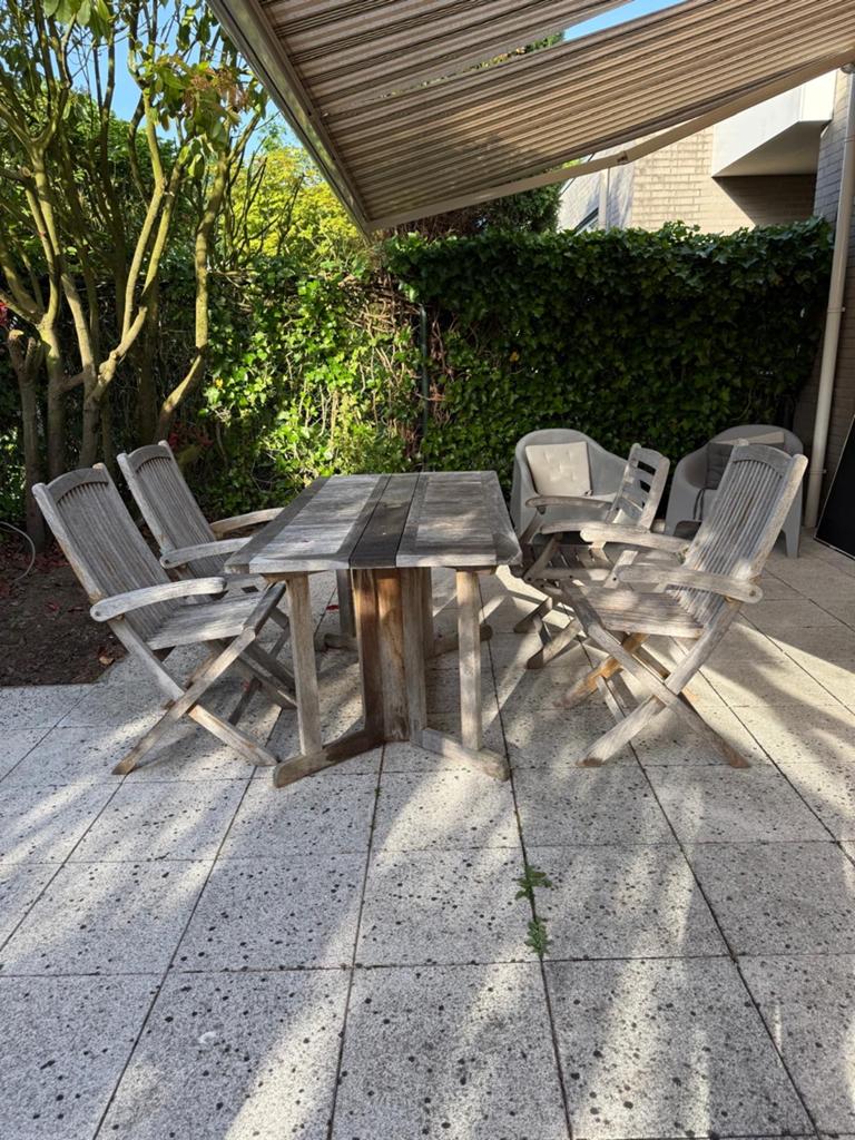 Teak Houten tuinset met 4 stoelen en tafel, Tuin en Terras, Ophalen, 4 zitplaatsen, Gebruikt, Eettafel