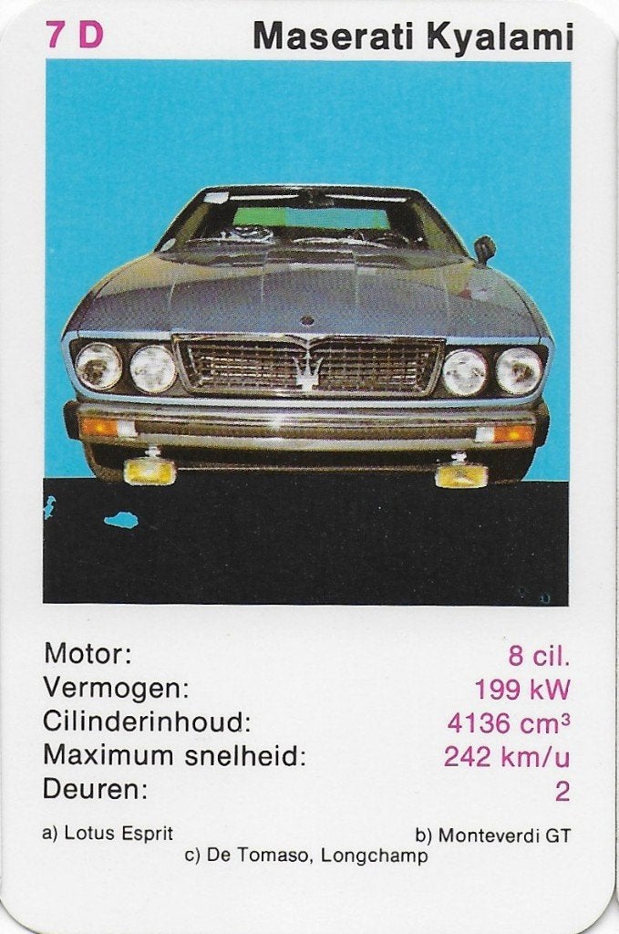 Kw4619 autokaartje 7D --  maserati kyalami, Ophalen of Verzenden, Zo goed als nieuw, Auto's
