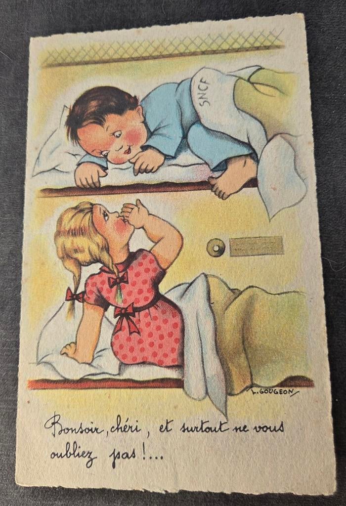 Jongen en meisje in een stapelbed, Verzenden, 1940 tot 1960, Ongelopen, Kinderen