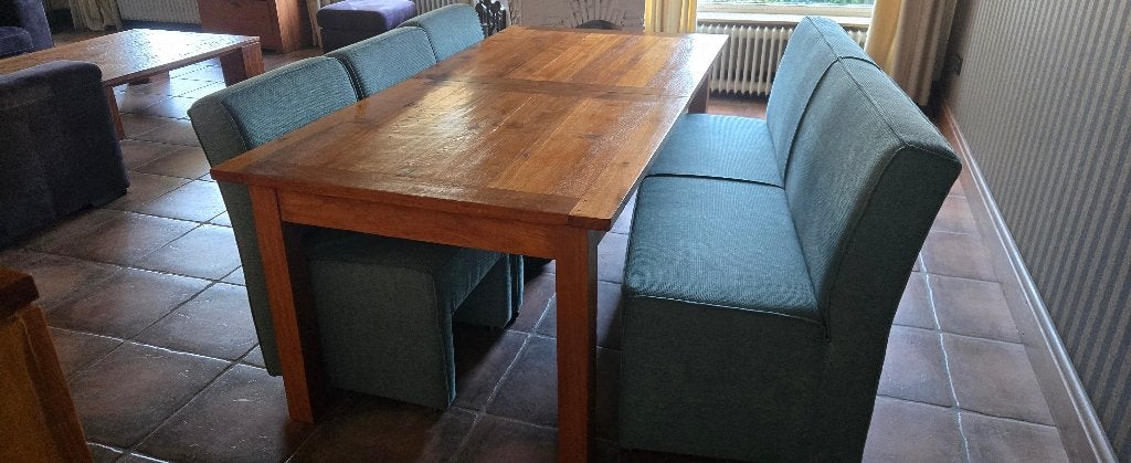eetkamertafel met bank en stoelen, Ophalen, Gebruikt, Teakhout, 200 cm of meer