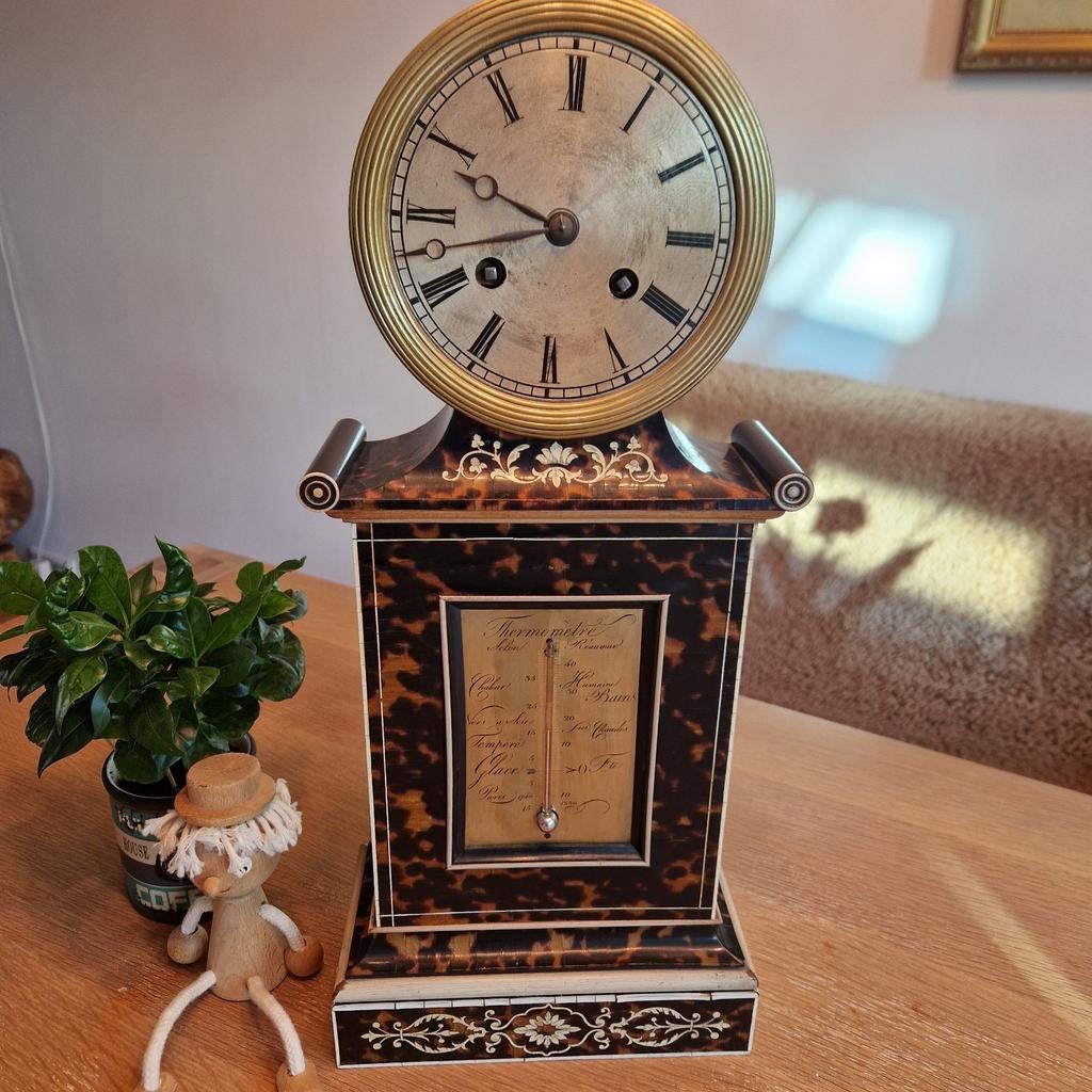 Antieke schildpad bureauklok met barometer, Ophalen of Verzenden