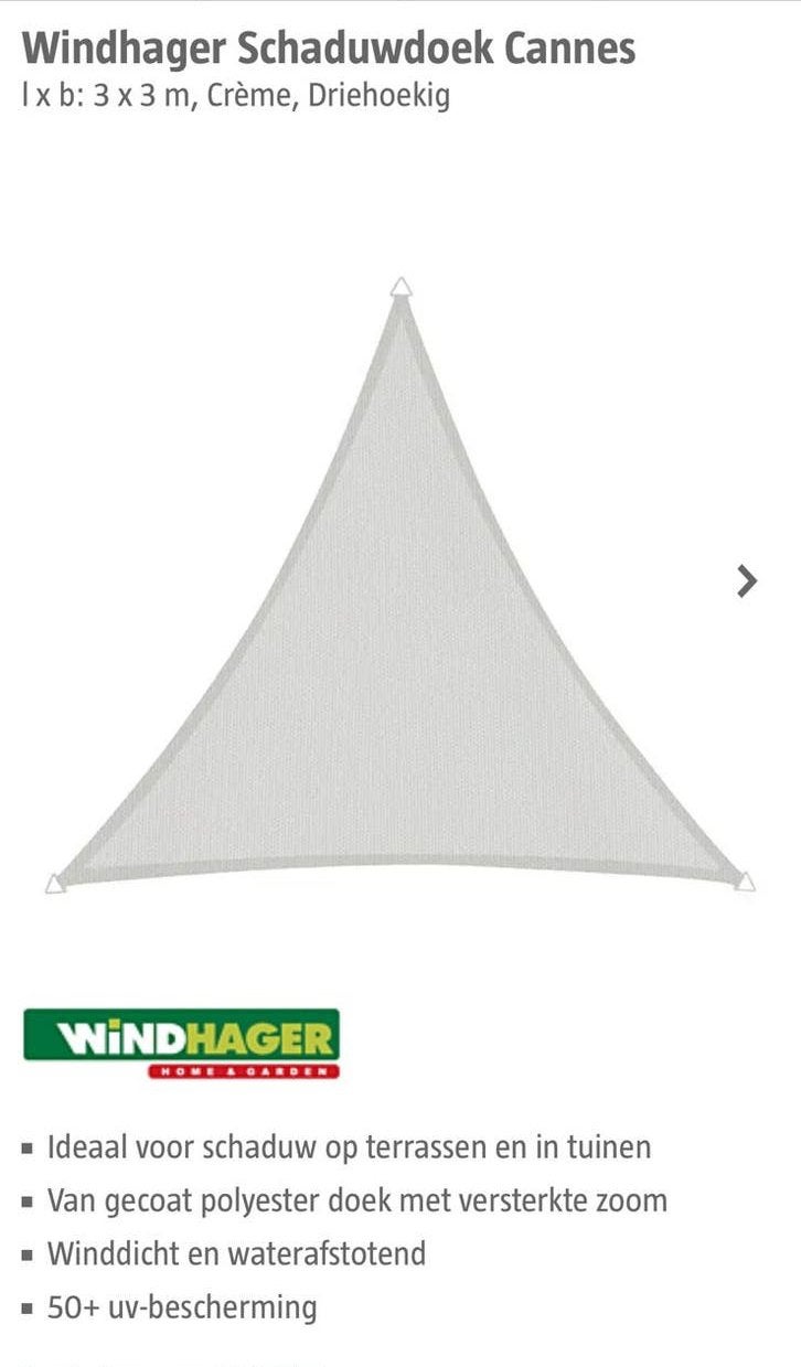NIEUW Windhager schaduwdoek driehoek 3x3x3m crème, Ophalen, Nieuw