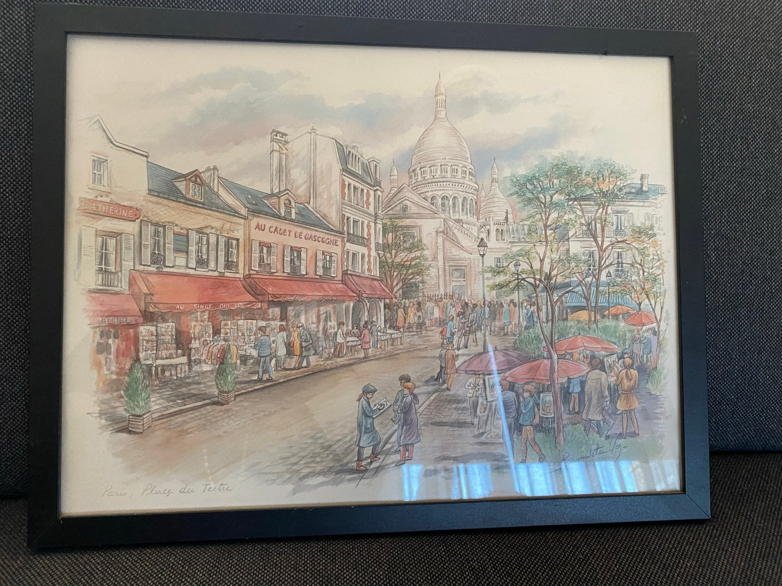 Aquarel Parijs, Place du Tertre - bernadette vozz, Ophalen of Verzenden, Aquarel, Ingelijst, Papier