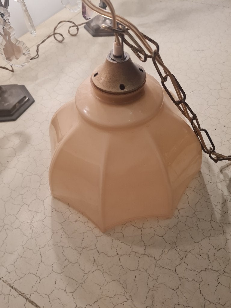 Vintage plafond lamp met opaline glazen kapje, Heikant 21 Kaatsheuvel, Belle Vieille Brocante, Ophalen of Verzenden, Zo goed als nieuw