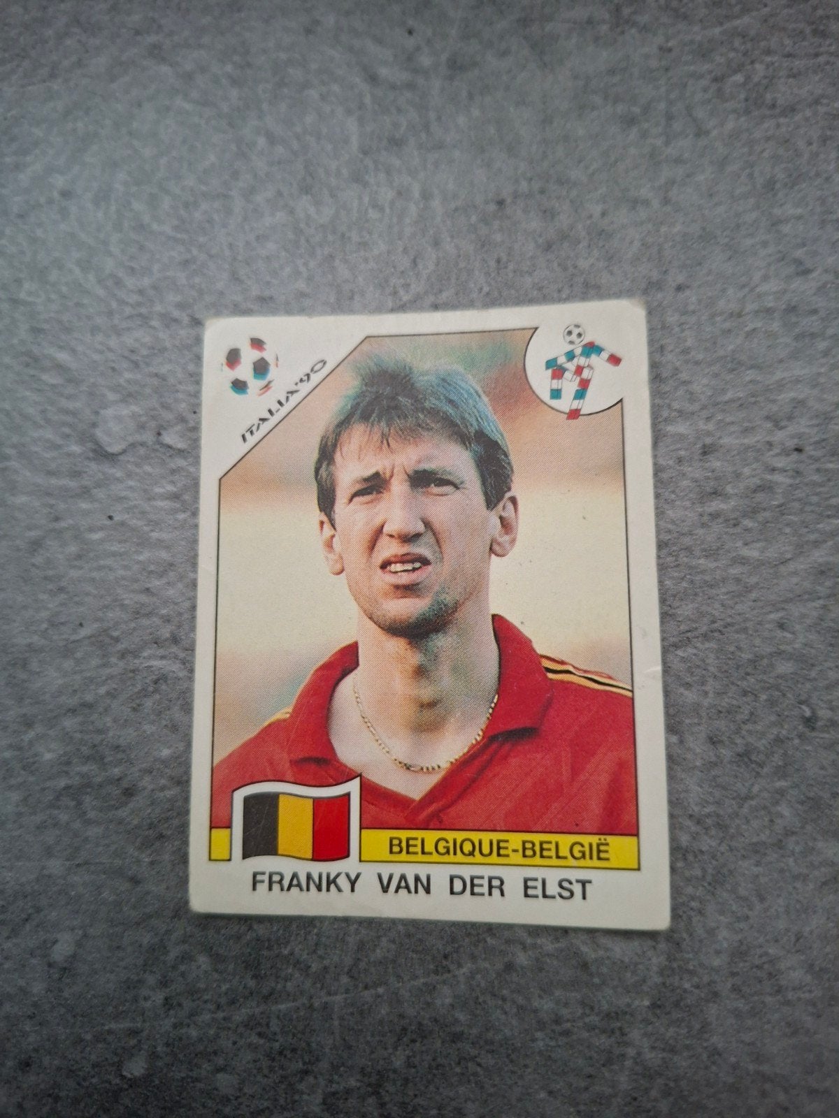 Panini sticker WK 90 Italia. Franky van der Elst België., Ophalen of Verzenden, Gebruikt, Sticker