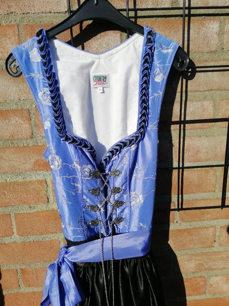 Dirndl jurk blauw met zwart en bloemen maat 40, Ophalen, Overige maten, Overige thema's, Kleding