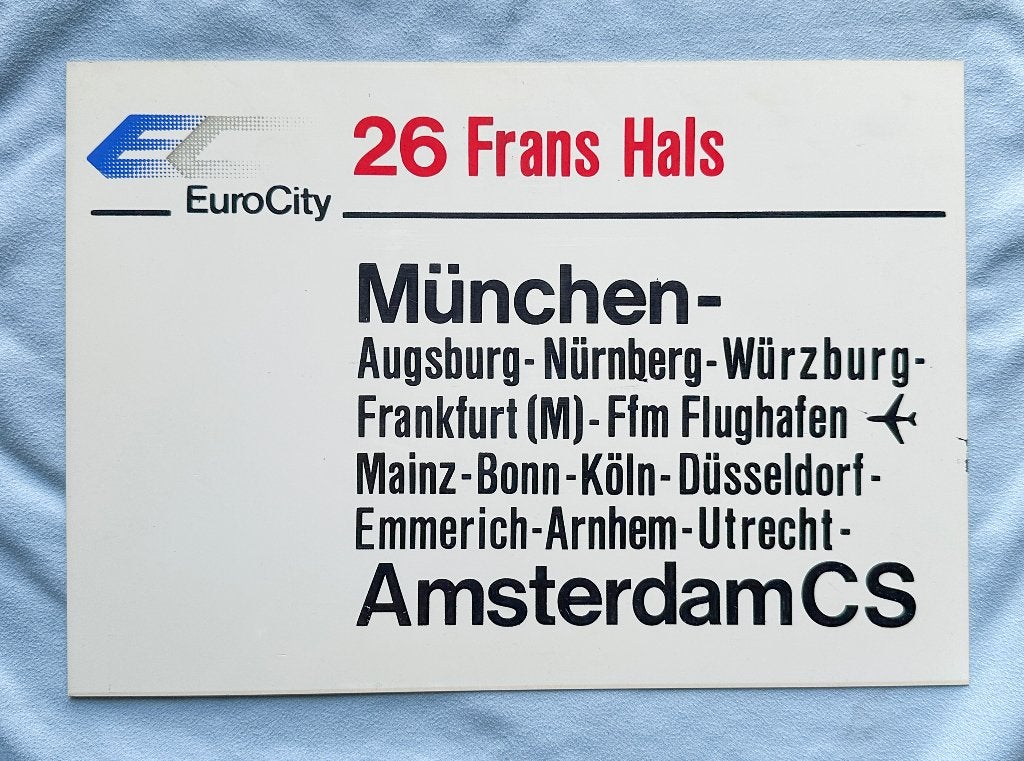 DB Koersbord EuroCity 26/27 Frans Hals München - Amsterdam, Verzamelen, Verzenden, Gebruikt, Trein, Kaart of Prent
