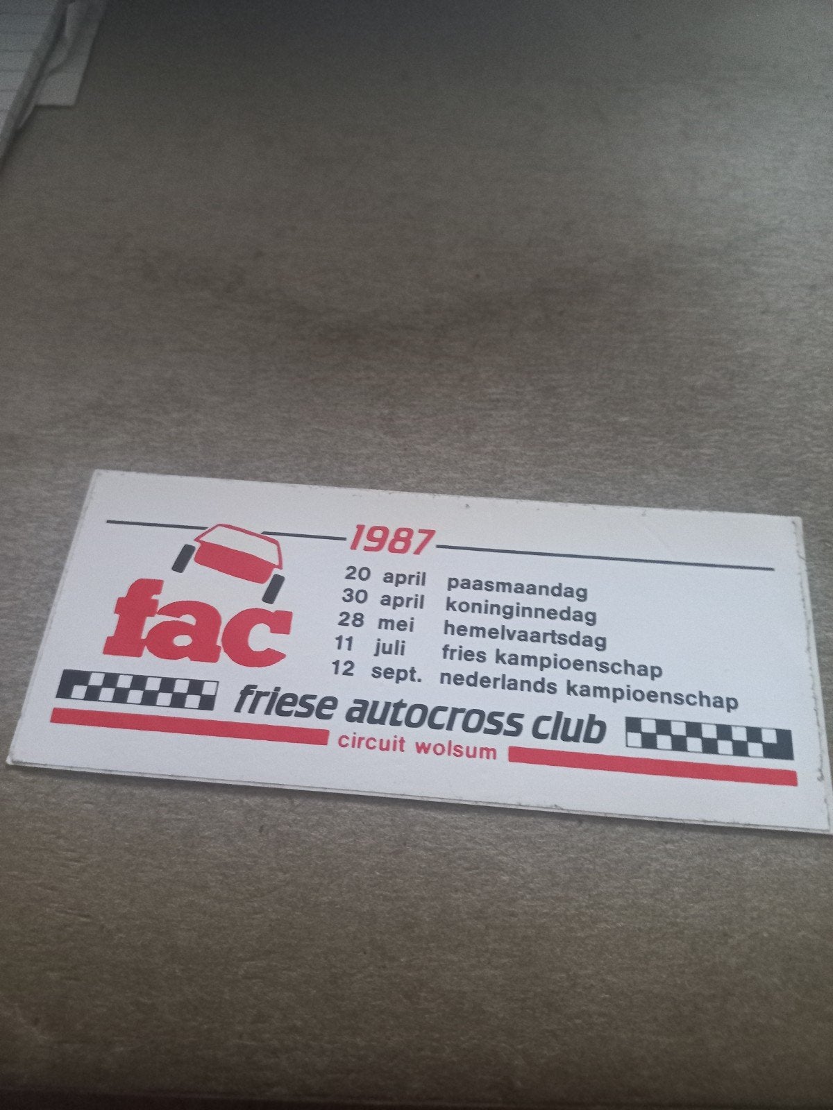 Friese Autocross Club 1987 Evenementen Overzicht sticker, Ophalen of Verzenden, Gebruikt