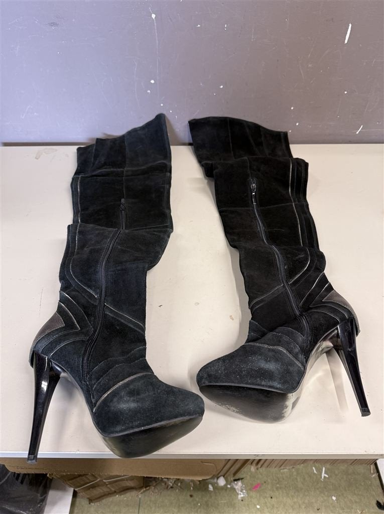 River Island lange zwarte suede leren hoge laarzen maat 38, Ophalen of Verzenden, Zo goed als nieuw, Zwart, Hoge laarzen