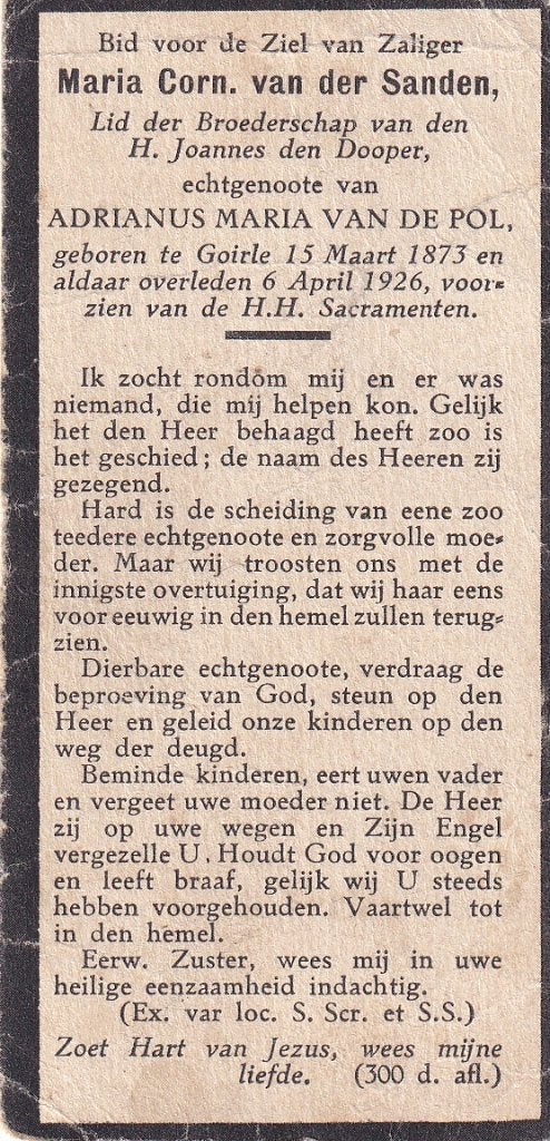 Sande Antonia 1875 Tilburg 1950, Ophalen of Verzenden, Bidprentje