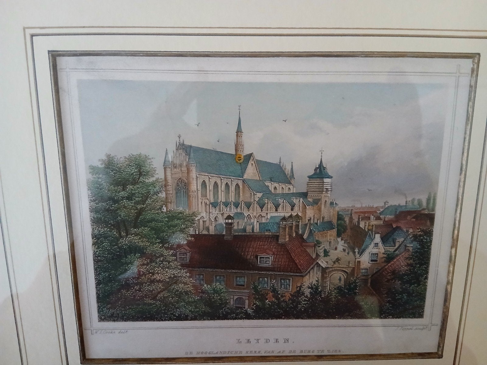Antieke gravure Leiden, Hooglandse kerk, Antiek en Kunst, 1800 - 1899, Architectuur, Gravure, 14 cm