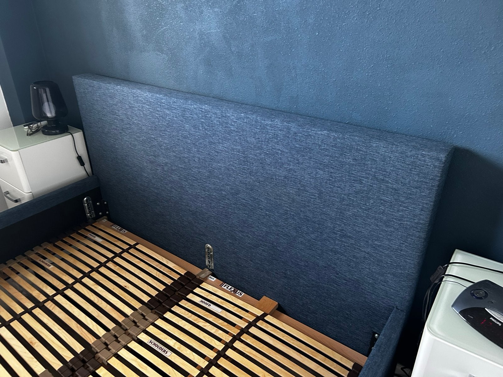 Tweepersoonsbed met lattenbodems, 160x210 blauw cm, Ophalen, Gebruikt, Blauw, 210 cm