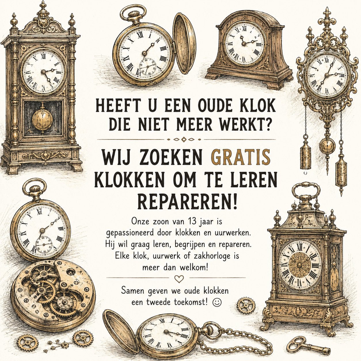 Gezocht klokken, leerling klokkenmaker, Ophalen