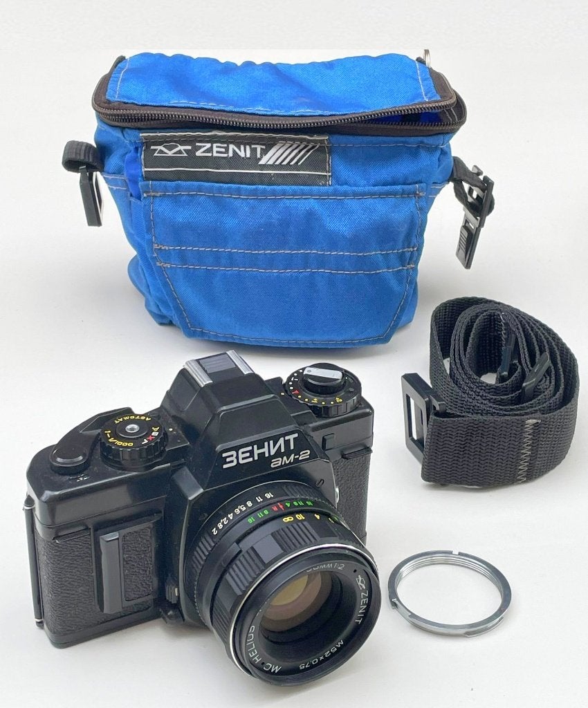 Zenit AM-2 en Helios-44K-4 (+ E-mount adapter e.a.) lezen !, Ophalen of Verzenden, Compact, Overige Merken