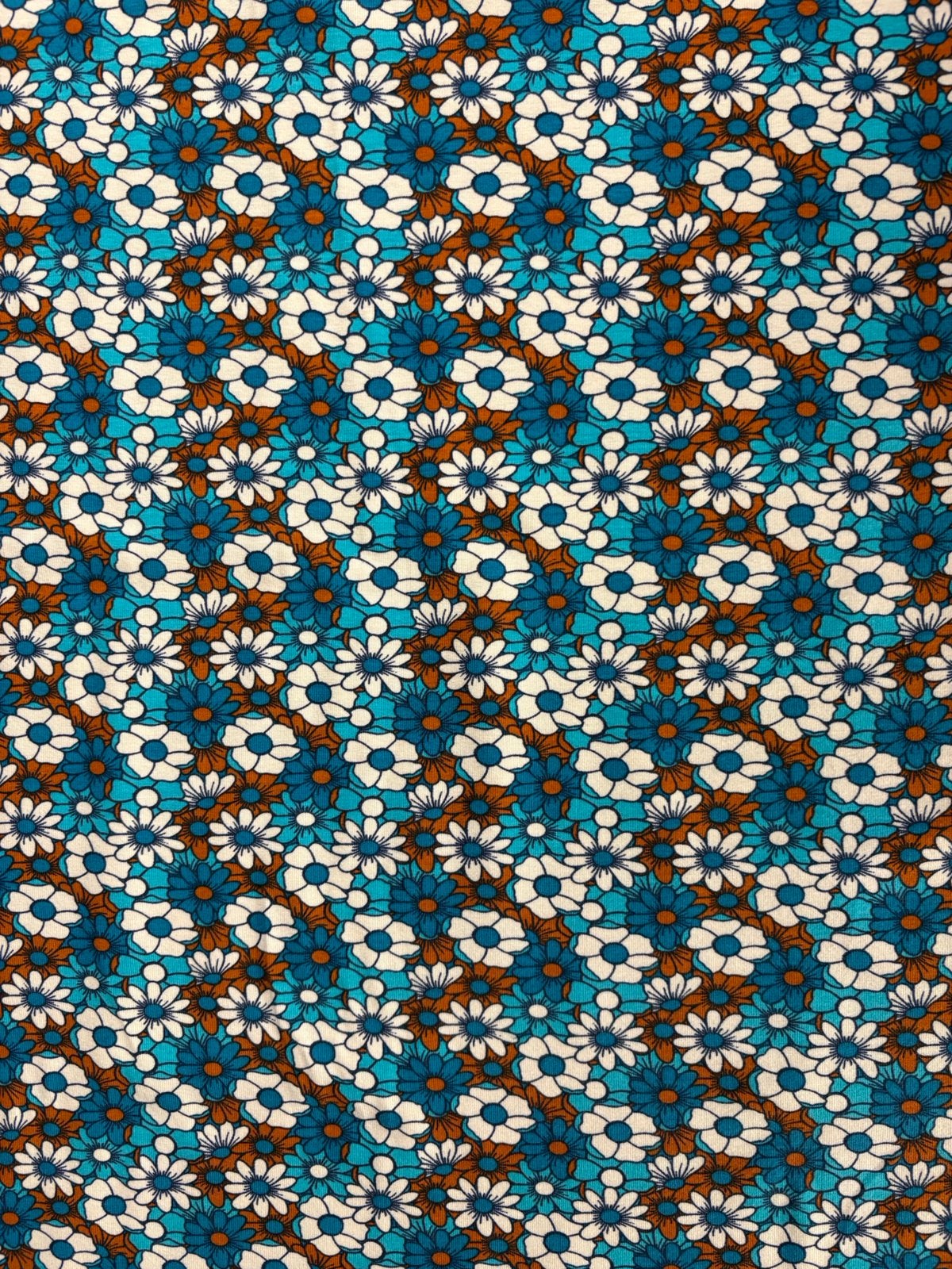 Tricot stof all-over retroprint aqua gebloemd, 120 cm of meer, Ophalen of Verzenden, Katoen, Nieuw